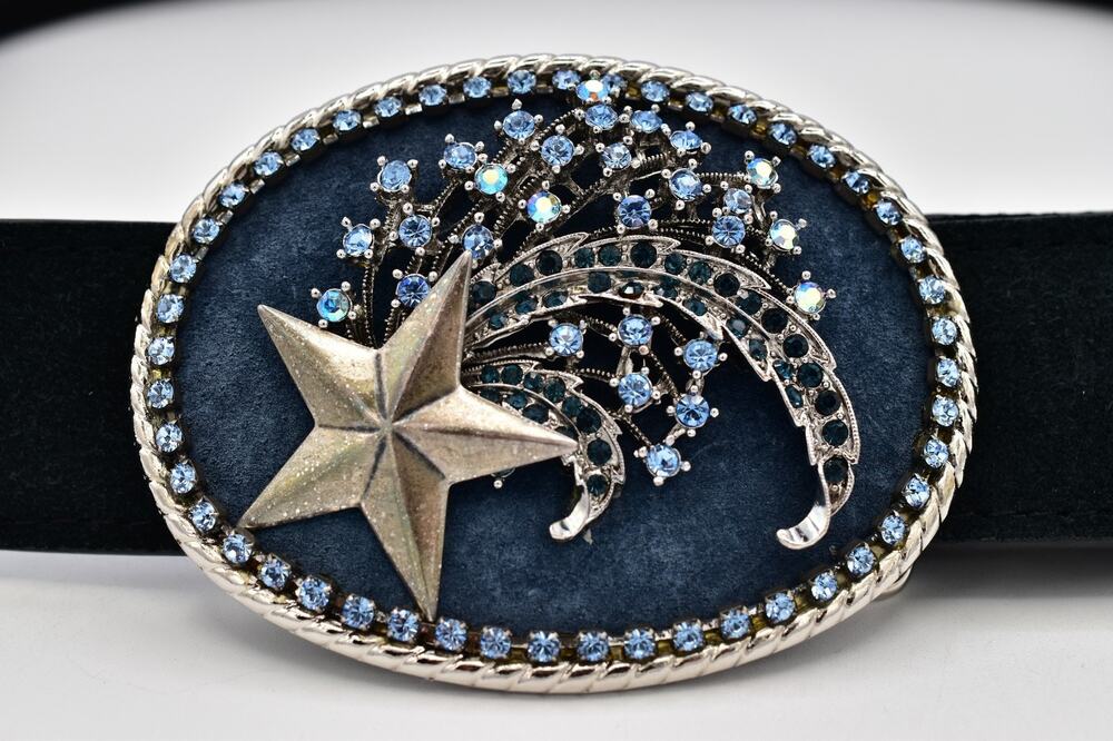 3G Buckles Black Suede Belt L 36-38 Celestial Star Blue Rhinestone Buckle Y2K